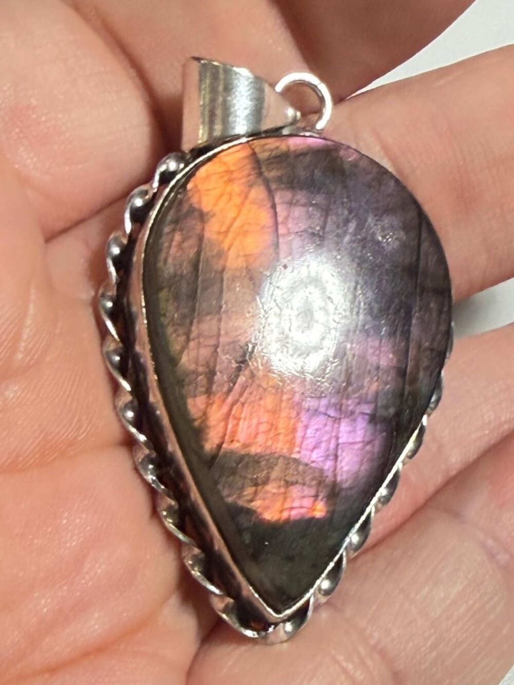 Labradorite Pendant | Pink Purple Flash | Teardrop | 925 Stamped | 2.25 Inches